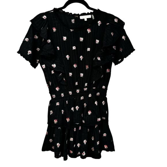 LoveShackFancy Short Sleeve Ruffle Mini Natasha Dress Black Combo Floral Size XS - Picture 2 of 7